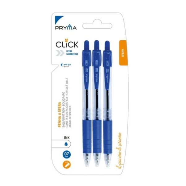 Penna Sfera Scatto Click 0.7mm (Set da 3 pezzi - Blu) - Pryma
