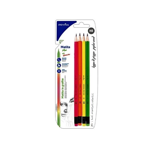 Pryma - Matita Grafite con Gomma HB 4pz Fluo