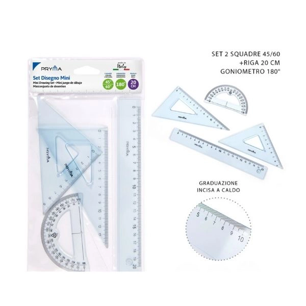 Pryma - Set Disegno Mini (Squadre 45°/60°- Riga 20 cm-Goniometro 180°)