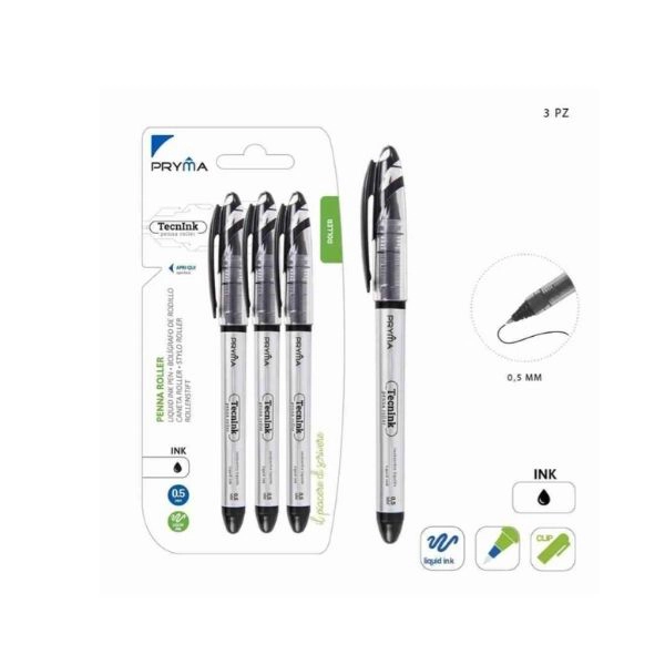 Pryma - Penna Roller TecnInk 0.5mm 3 pezzi Nero