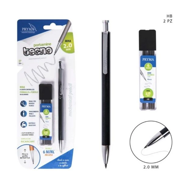 Pryma - Portamine in Metallo con Ricarica | 6 Mine HB 2 mm