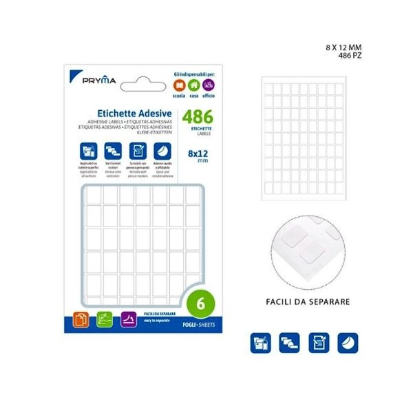 PRYMA - ETICHETTE ADESIVE BIANCHE RETTANGOLARI 0,8X1,2CM (81 PZ)