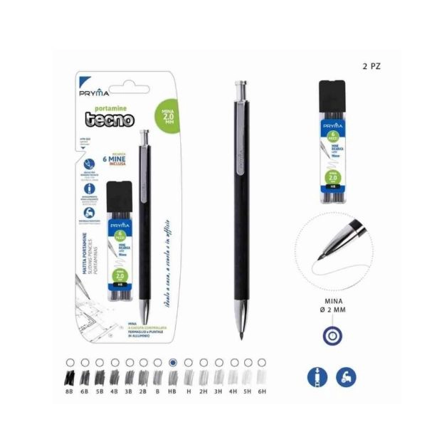 Pryma Portamine Met. Tecno + Ricarica 6 Mine HB 2mm Blister
