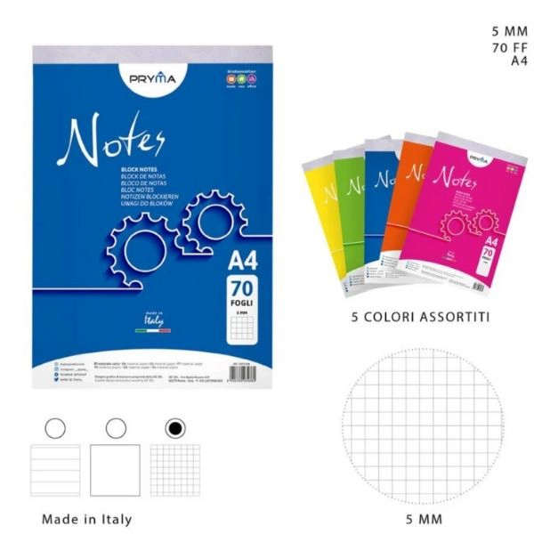 Pryma - Block Notes A4 70 Fogli - Quadretti 5mm