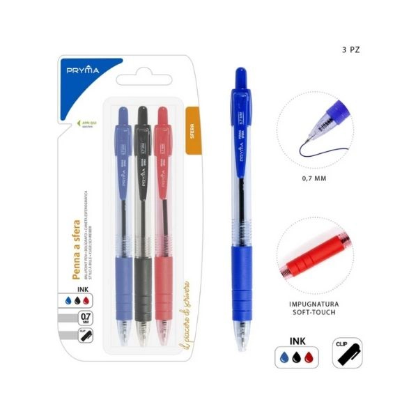 Pryma - Set 3 Penne a Sfera 0.7mm (Blu- Nero-Rosso)