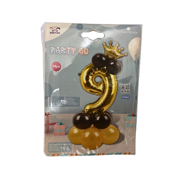 Set Palloncini Numero 9 Oro con Corona – Kit 14 Pezzi