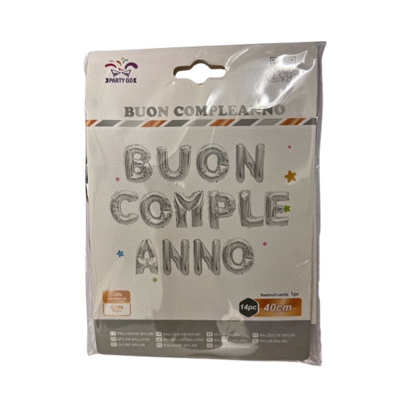 Set Palloncini Lettere “Buon Compleanno” Argento – 14 Pezzi (40 cm)