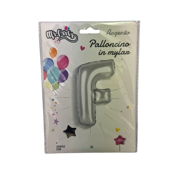 Palloncino Lettera F Argento – 24x42cm – Mylar – Mr. Party