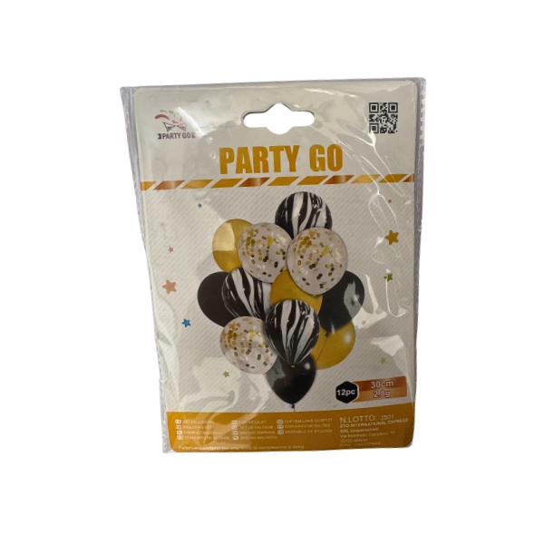 Set Palloncini Neri, Dorati e Fantasia – PARTY GO – 12 Pezzi