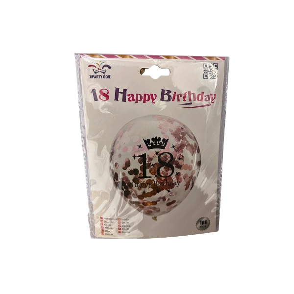 Palloncino 18 Happy Birthday PartyGo Trasparente con Coriandoli Rosa – 30 cm – 1 Pezzo