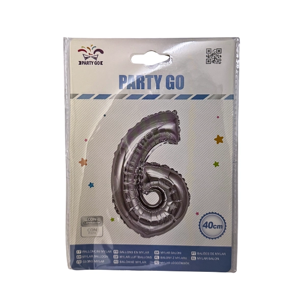 Palloncino Numero 6 Argento – 40cm – Mylar – Party Go