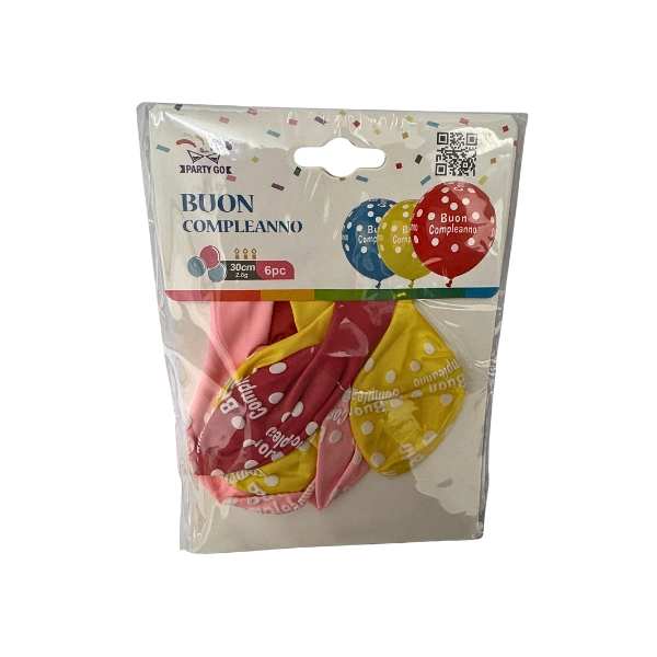Palloncino Buon Compleanno PartyGo Multicolore 30 cm – Confezione da 6