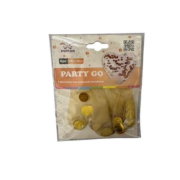 Palloncino PartyGo Trasparente con Coriandoli Oro 25 cm – Confezione da 4