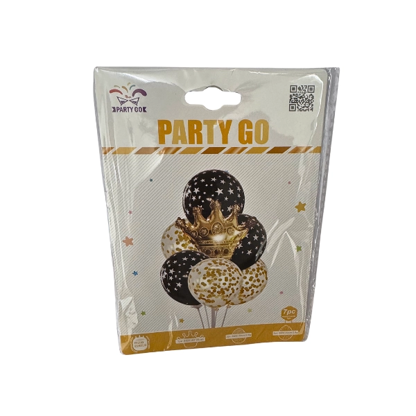 Palloncino Set PartyGo Nero, Oro e Coriandoli con Corona – 7 Pezzi