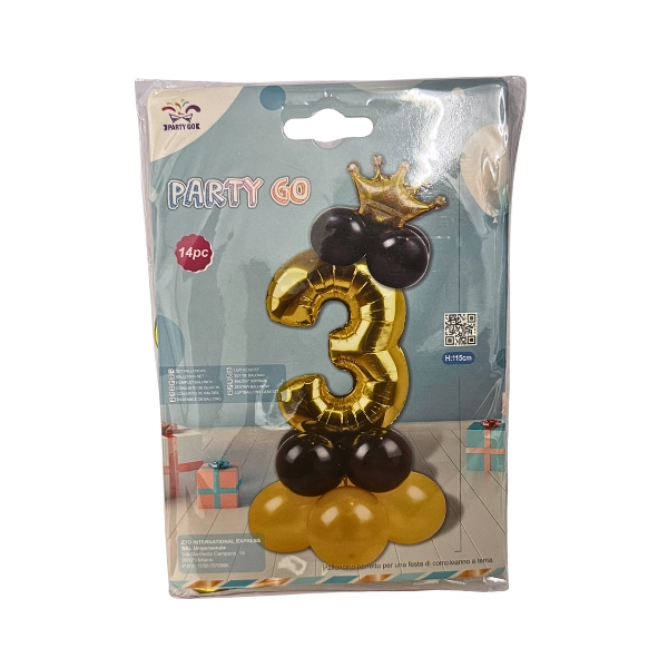 Set Palloncini Numero 3 Oro con Corona – Kit 14 Pezzi