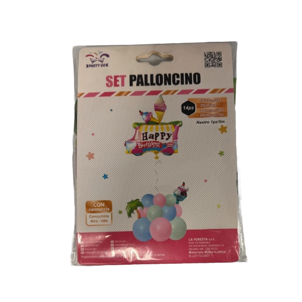 Set Palloncini “Happy Birthday” con Carretto Gelato e Sfere Pastello – 14 Pezzi