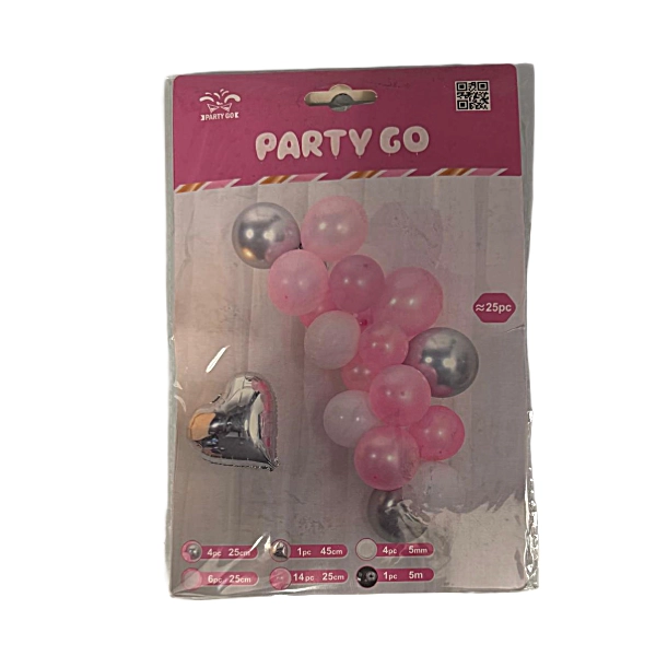 Set Arco di Palloncini Rosa con Cuore Foil Argento – 25 Pezzi