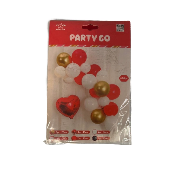 Set Arco di Palloncini Rosso, Bianco e Oro con Cuore Foil – 26 Pezzi