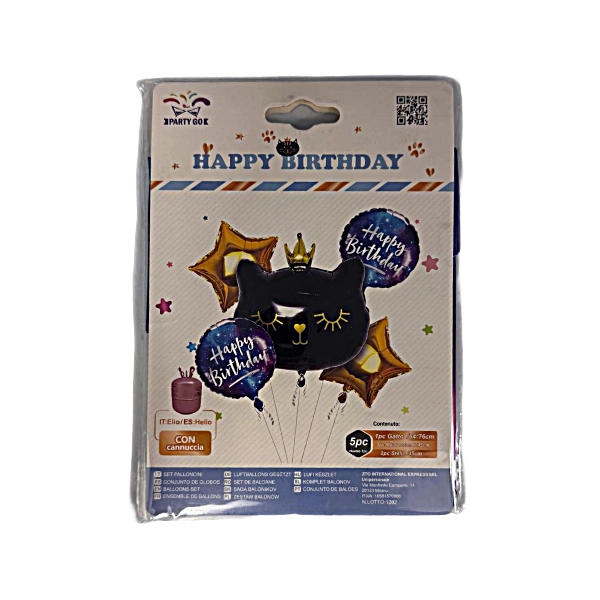 Set Palloncini Decorativi “Happy Birthday” Gatto con Coroncina – 5 Pezzi