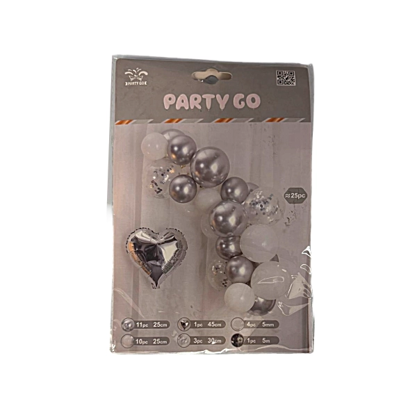 Set Arco di Palloncini Argento, Bianco e Trasparente con Cuore Foil – 25 Pezzi