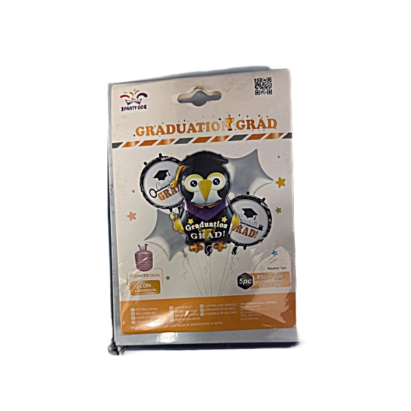 Set Palloncini “Graduation Grad” con Pinguino Laureato – 5 Pezzi