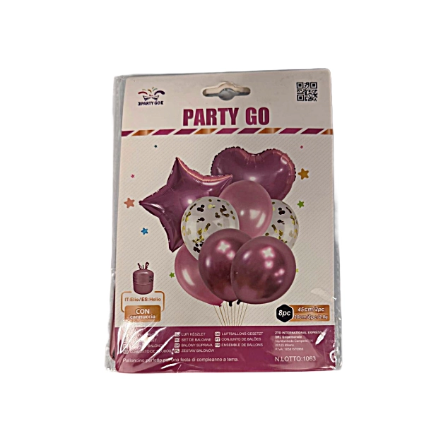 Set Palloncini Rosa Metallizzato e Coriandoli Oro – 8 Pezzi