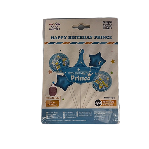 Set Palloncini Decorativi “Happy Birthday Prince” con Corona – 5 Pezzi