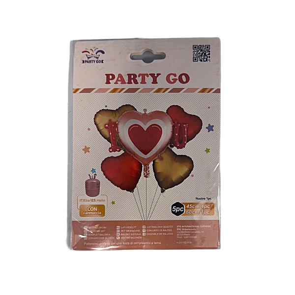 Set Palloncini Decorativi “Cuori d’Amore” Rosso e Oro – 5 Pezzi