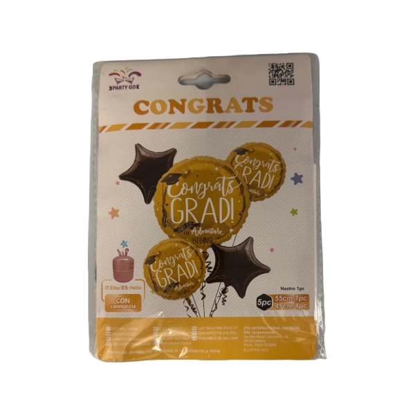 Set Palloncini Decorativi “Congrats Grad!” Nero e Oro – 5 Pezzi