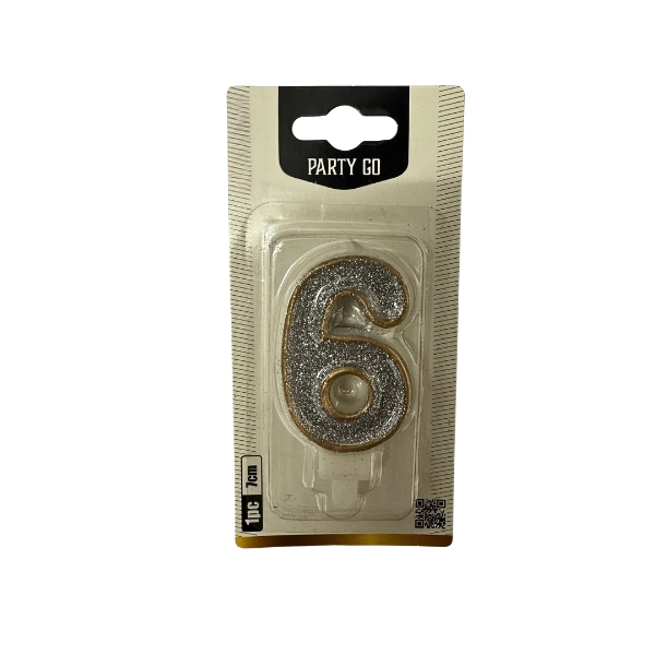 Candela Numero 6 Glitter Argento con Bordo Oro – Party GO