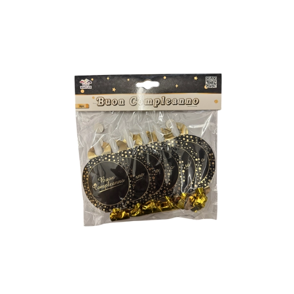 Fischietti Buon Compleanno Nero e Oro – PartyGo – 6 Pezzi