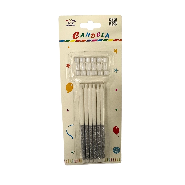 Candeline Bianche con Glitter Argento + Supporti – Set 12 pezzi