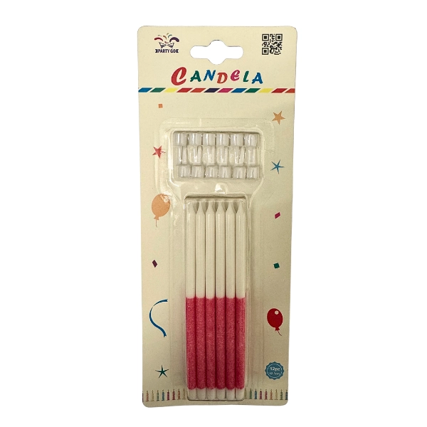 Candeline Bianche con Glitter Rosa + Supporti – Set 12 pezzi