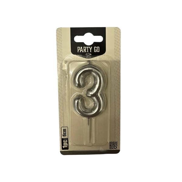 Candela Numero 3 Argento Metallizzato – Party GO
