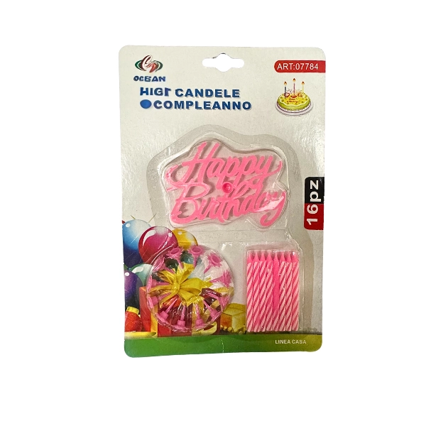 Candeline Rosa con Topper Happy Birthday – Set 16 pezzi