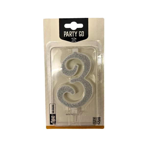 Candela Numero 3 Argento Glitterata – Party GO