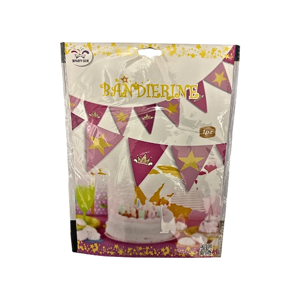 Bandierine Rosa con Corona e Stelle – Decorazione Festa – 1 Pezzo – PartyGo
