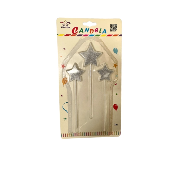 Candeline Scintillanti a Forma di Stella Argento – Set 3 pezzi