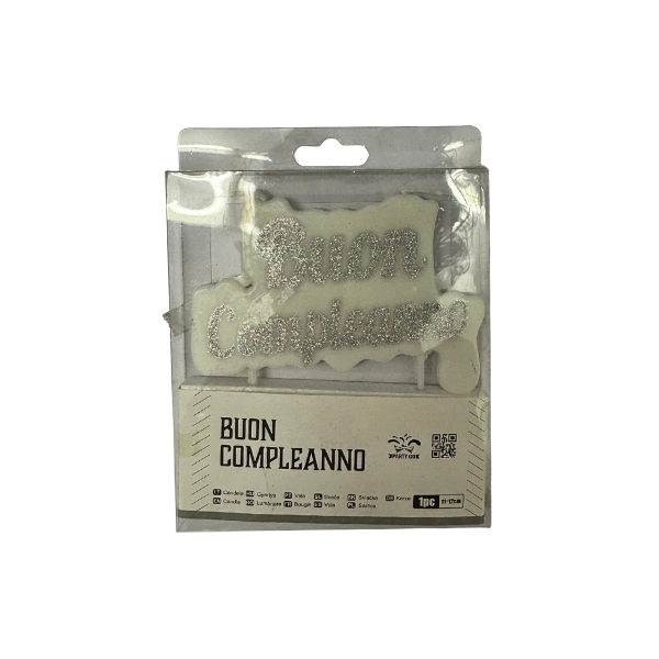 Candela Buon Compleanno con Glitter Argento – 9x7cm