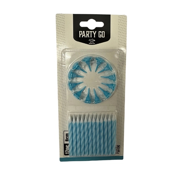 Candeline Azzurre con Supporti – Set 12 Pezzi 8cm