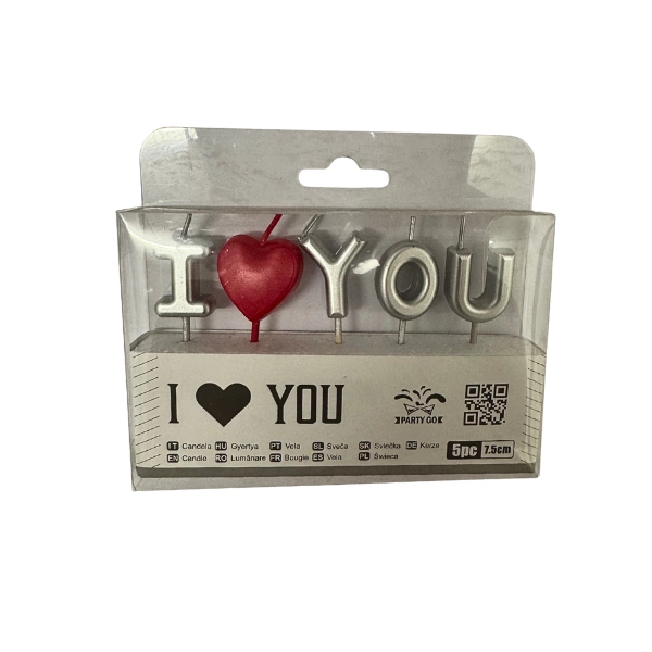 Candeline “I ❤ YOU” Argento con Cuore Rosso – Set da 5 pz – PARTY GO