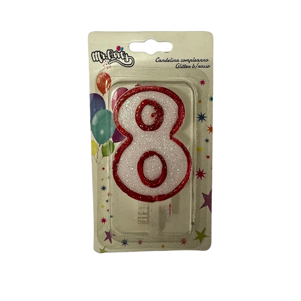 Candela Numero 8 Glitter Bianco e Rosso – Mr. Party – 7cm