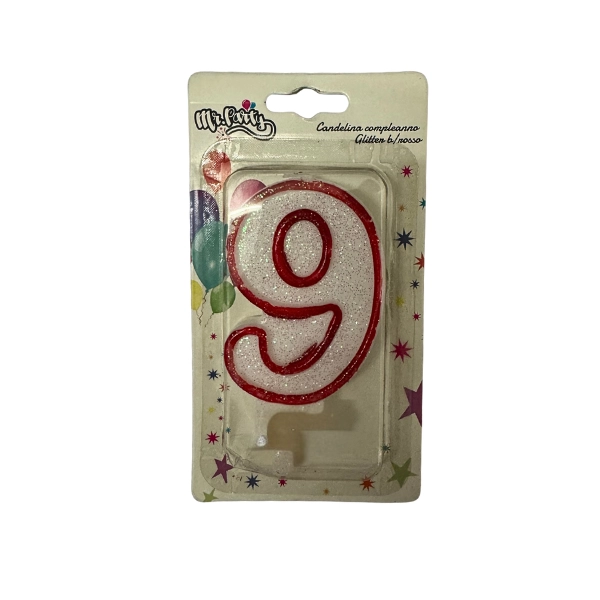 Candela Numero 9 Glitter Bianco e Rosso – Mr. Party – Compleanno