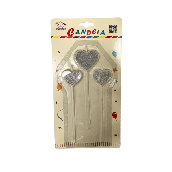 Candeline a Forma di Cuore Argento Glitter – Set 3 pezzi a Forma di Cuore Argento Glitter – Set 3 pezzi
