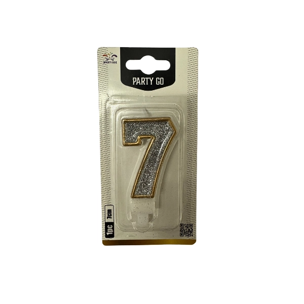 Candela Numero 7 Glitter Argento con Bordo Oro – Party GO