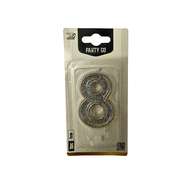 Candela Numero 8 Glitter Argento con Bordo Oro – Party GO