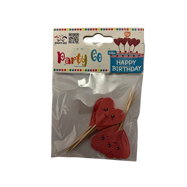 Topper Cuori con Faccina – 12 Pezzi – PartyGo – Decorazioni per Dolci